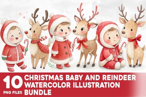 Christmas Baby and Reindeer Watercolor Illustrations