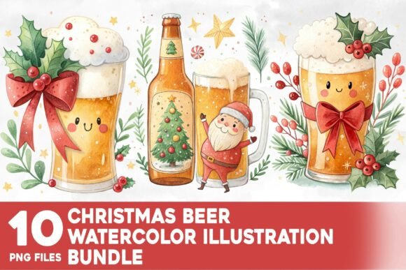 Christmas Beer Watercolor Bundle: Editorial Illustrations for Content Creators