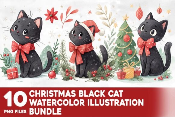 Christmas Black Cat Watercolor Bundle