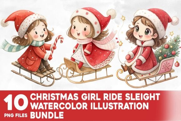 Christmas Girl Ride Sleight Watercolor Illustrations Review