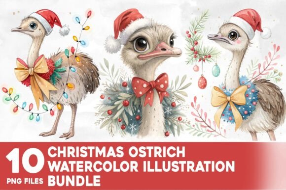 Christmas Ostrich Watercolor Bundle: A Designer’s Review for Branding and Illustrations