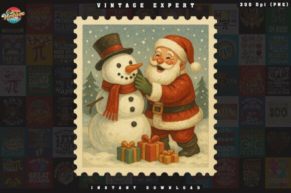 Christmas Stamp Santa with Snowman PNG