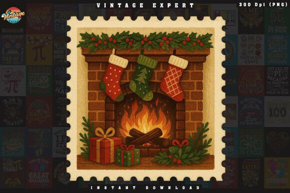 Cozy Christmas Fireplace Postage Stamp Illustrations Review