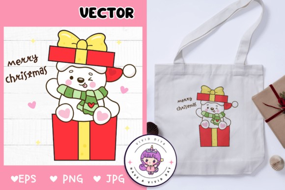 Cute Polar Bear on Christmas Gift Kawaii Illustrations Review