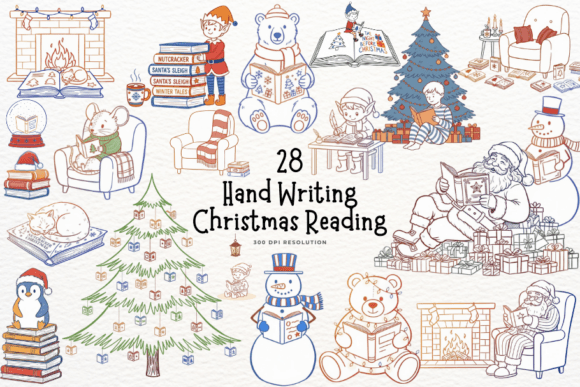 Doodle Christmas Reading Clipart for Illustrations