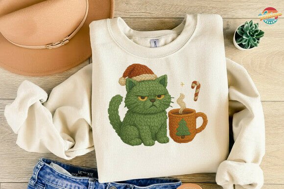 Grumpy Green Cat Christmas Crochet PNG Illustrations