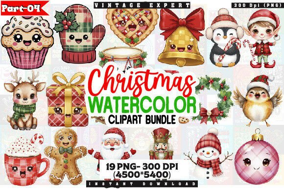 Kawaii Christmas Watercolor Clipart Set for Illustrations