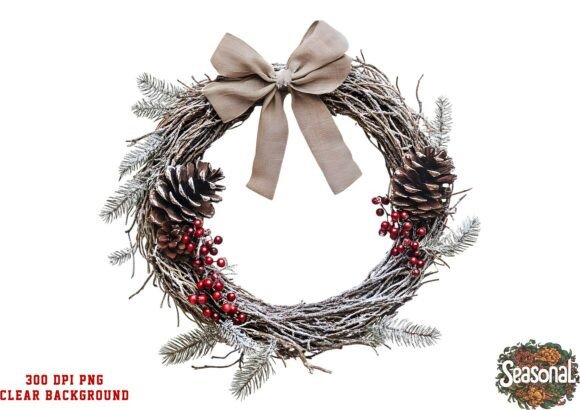 Rustic Taupe Christmas Wreath Clipart for Illustrations