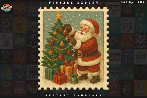 Santa Decorating Christmas Tree Stamp Illustrations Review