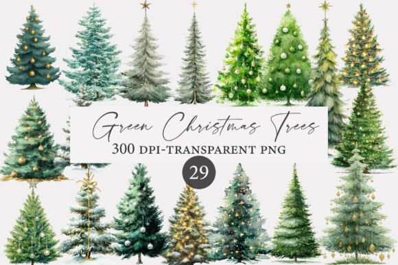 Watercolor Green Christmas Trees Clipart for Illustrations