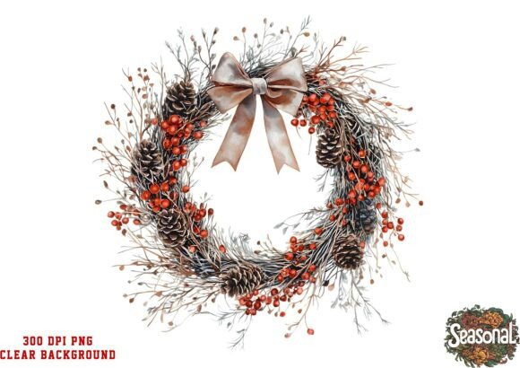 Winter Taupe Christmas Wreath Clipart for Illustrations